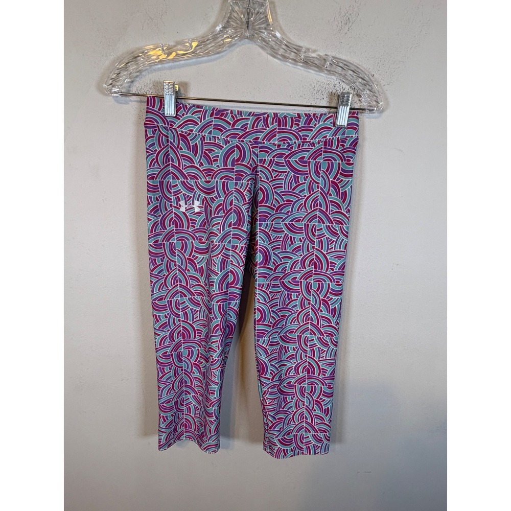 Under Armour Womens Capri Leggings HeatGear Geometric Purple Teal MD